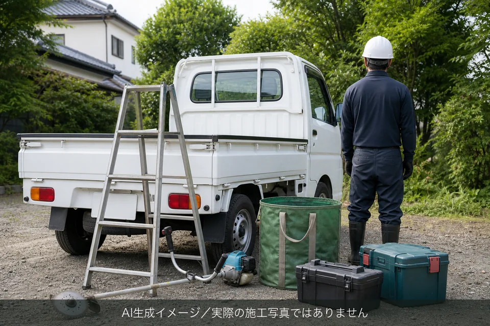 作業車と道具のAI生成イメージ（実際の施工写真ではありません）