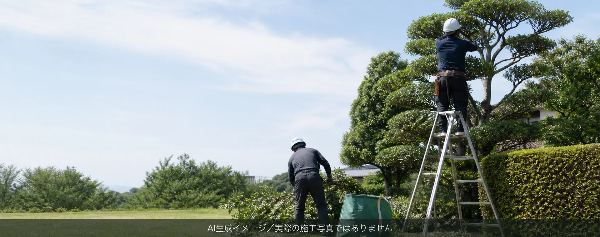 庭木の剪定作業のAI生成イメージ（実際の施工写真ではありません）